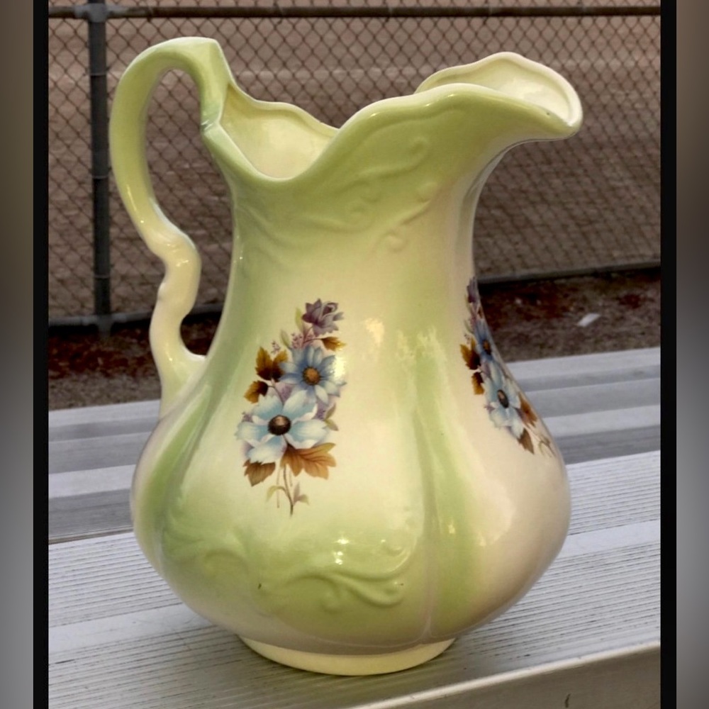 Vintage RS PRUSSIA Green Floral Pattern Jug Handled Pitcher